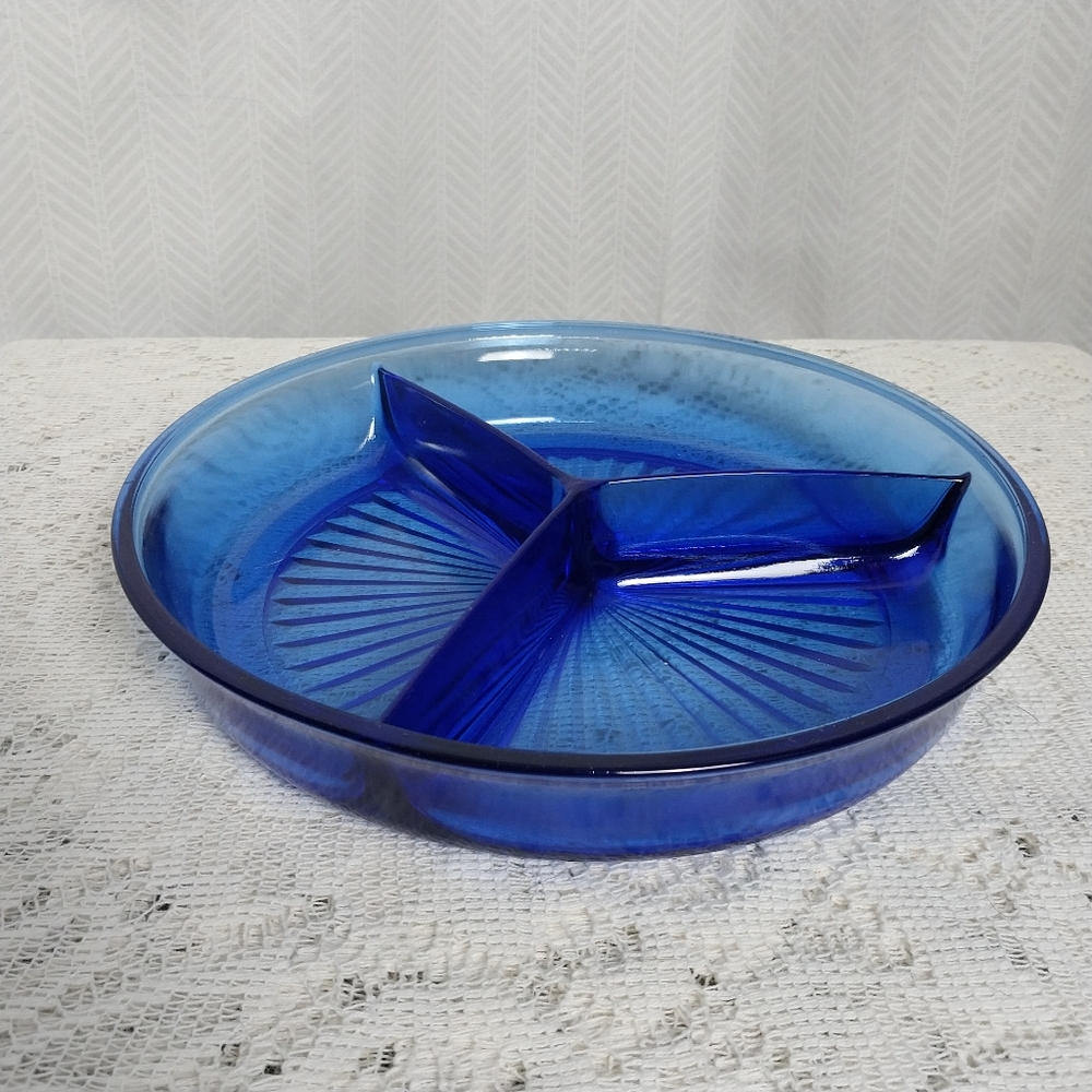 Vintage Mid 1900s Jeannette Cobalt Blue Divided Relish Plate Serving Dish
